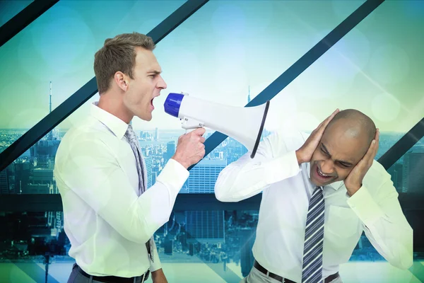 Uomo d'affari urla con un megafono — Foto Stock