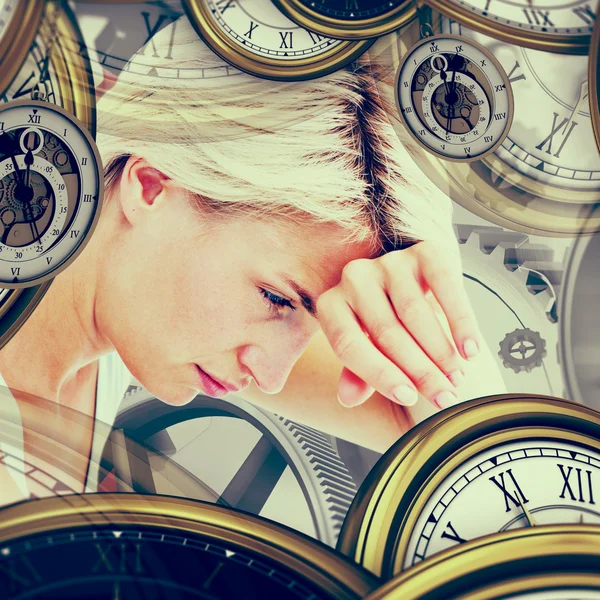 Sad woman crying with hand on forehead — Stock Photo, Image