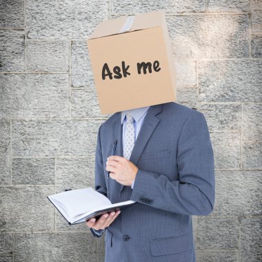 businessman with diary with box on head clipart