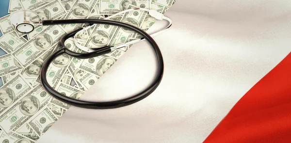 Stethoscope against flag and pile of dollars — Stock Photo, Image