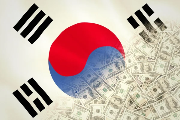 Dólares contra la bandera nacional de Corea — Foto de Stock