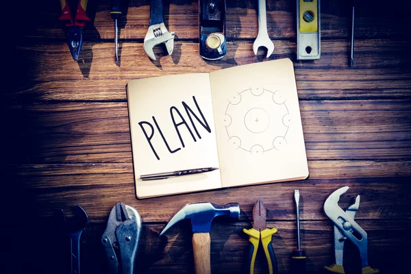 Word plan and notebook and pen — Stock Photo, Image