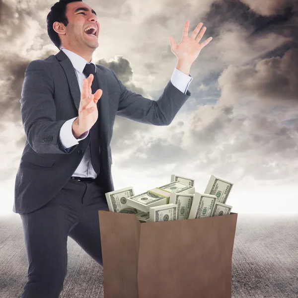 Upphetsad affärsman att fånga dollar väska — Stockfoto
