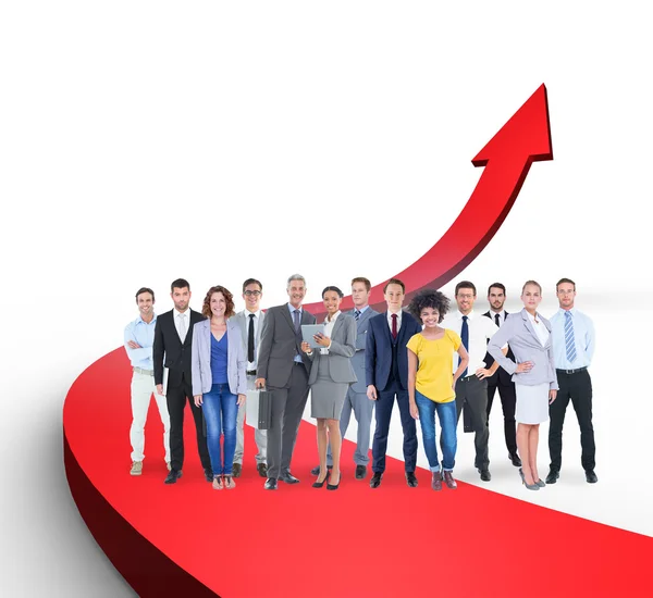 Business team against red arrow pointing up — Stock Photo, Image