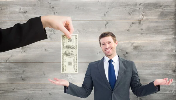 Dólar e homem de negócios feliz com as mãos para fora — Fotografia de Stock