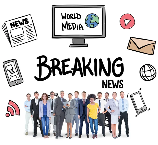 Tim bisnis terhadap doodle berita — Stok Foto
