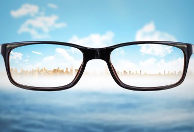 glasses against cityscape on horizon clipart