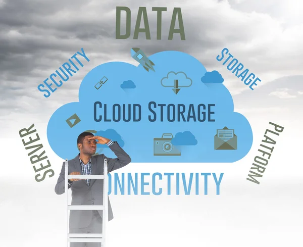Podnikatel, stojící na žebříku — Stock fotografie