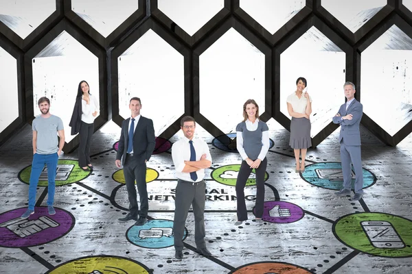 Business team against hexagon room — Stock Photo, Image