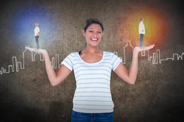 Woman carrying people on hands — Stock Photo, Image