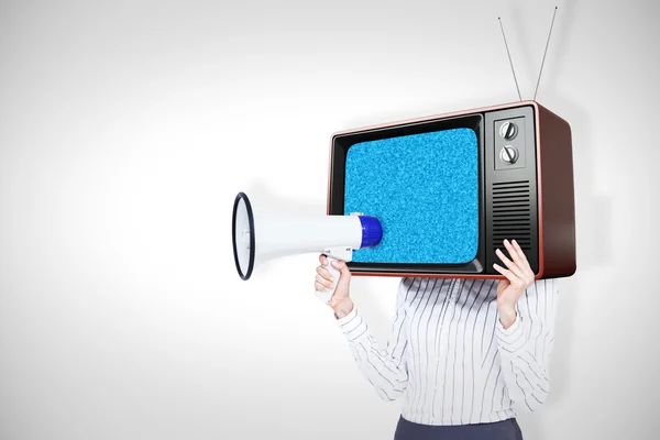 Business woman with tv instead head — стоковое фото