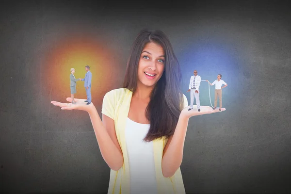 Woman carrying people on hands — Stock Photo, Image