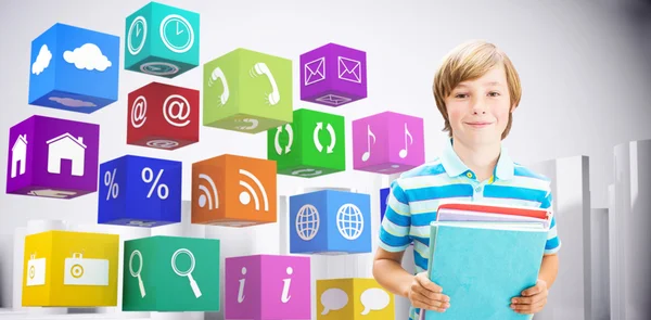 Composite image of cute pupil smiling at camera in library — Stock Photo, Image