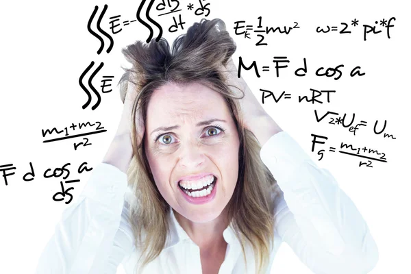 Stressed businesswoman with hands on her head — Stock Photo, Image