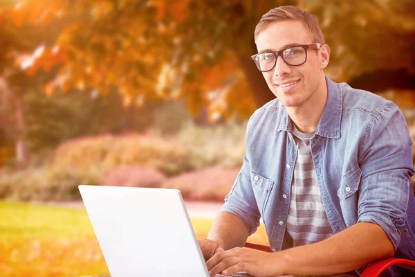 Hipster on laptop against trees — Stock Photo, Image