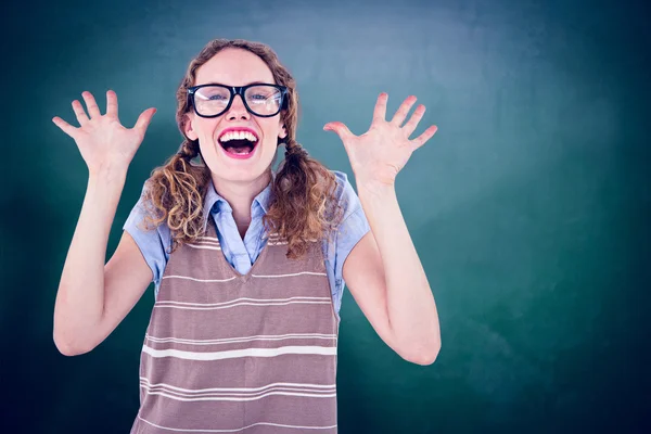 Woman smiling and showing her hands — Stock Photo, Image