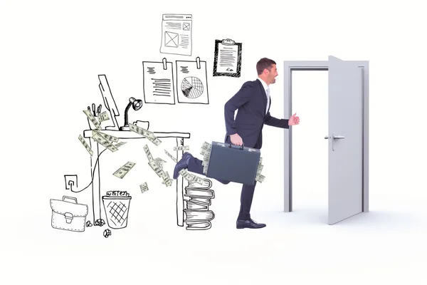 Running businessman against doodle office — Stock Photo, Image