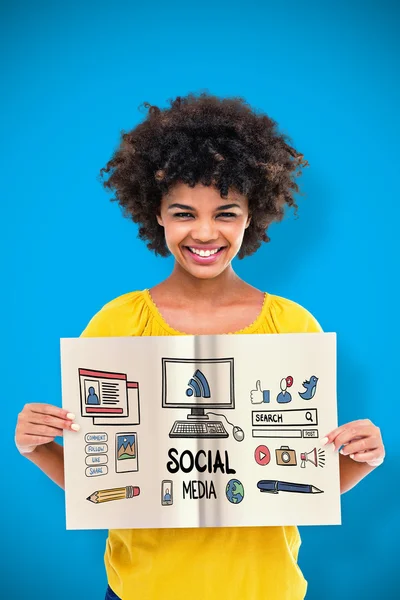 Woman holding social media doodle — Stock Photo, Image