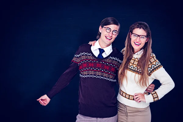 Happy geeky hipster couple embracing — Stock Photo, Image