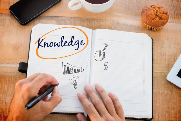 Word knowledge and man writing notes — Stock Photo, Image