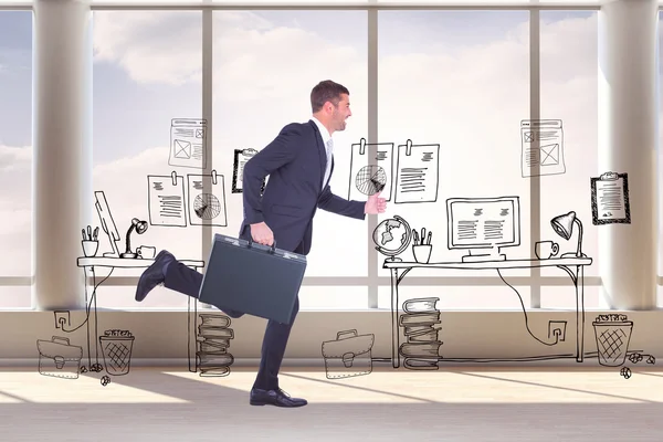 Correndo homem de negócios contra o escritório doodle — Fotografia de Stock