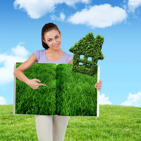 Woman pointing lawn book — Stock Photo, Image