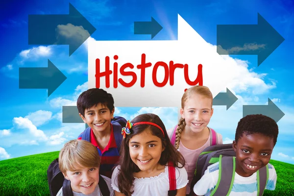 Word history and smiling school kids — Stock Photo, Image