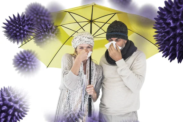 Couple sneezing in tissue while standing — Stock Photo, Image