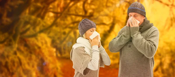 Sick mature couple blowing their noses — Stock Photo, Image