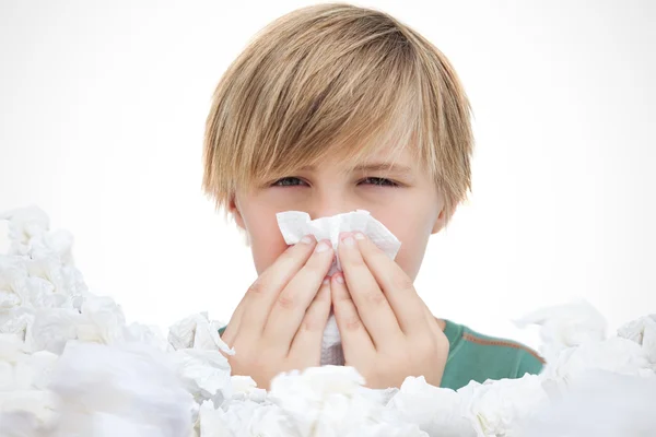 Sick little boy with a handkerchief — Stock Photo, Image