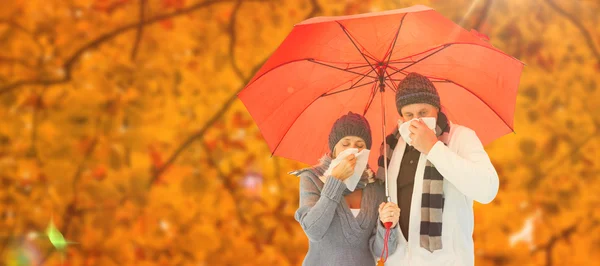 Imagen compuesta de pareja madura sonándose las narices bajo el umbre — Foto de Stock