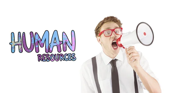 Geeky businessman shouting through megaphone — Stock Photo, Image