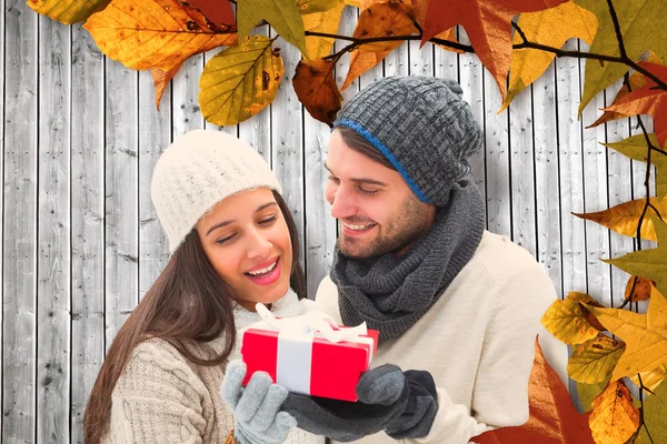 Winter couple holding gift — Stock Photo, Image