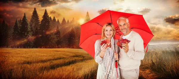 Portrait of happy couple under red umbrella — Stock Photo, Image