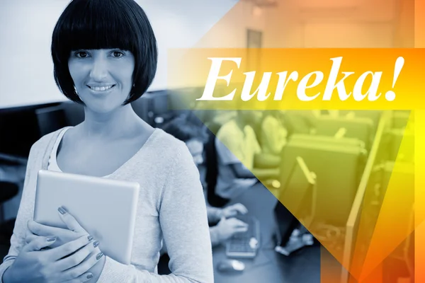 Eureka! tegen leraar met tablet pc — Stockfoto