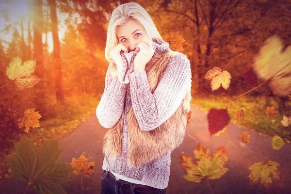 Złożony obraz blondynka w zimowe ubrania uśmiecha się do kamery — Zdjęcie stockowe