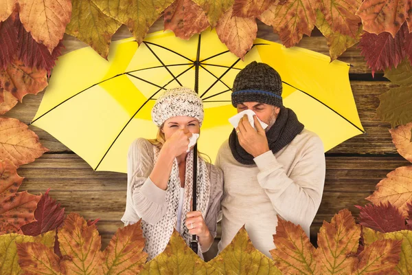 Couple sneezing in tissue while standing — Stock Photo, Image