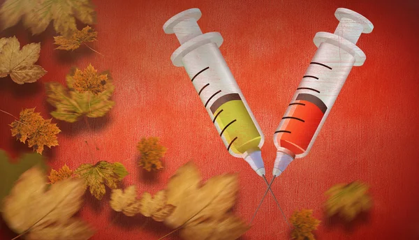 Autumn leaves and syringes — Stock Photo, Image