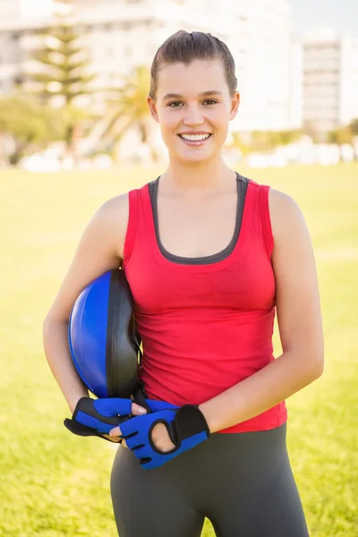 Blonde holding helmet — Stock Photo, Image