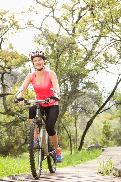 Gülümseyen sarışın atlet dağ bisikleti — Stok fotoğraf