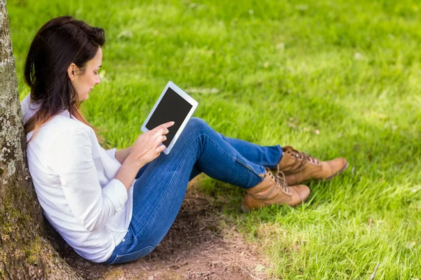 Brunette gebruiken, tablet pc — Stockfoto