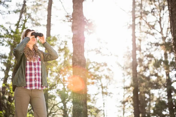 Escursionista che guarda attraverso il binocolo — Foto Stock