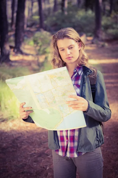 Mappa di lettura escursionista bionda — Foto Stock