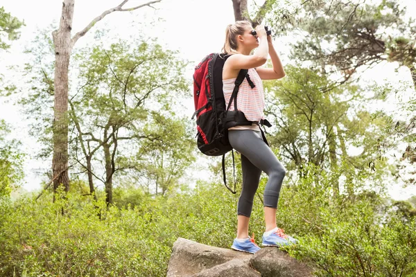 Hiker tittar genom kikare — Stockfoto