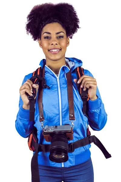 Femme avec caméra et sac à dos — Photo