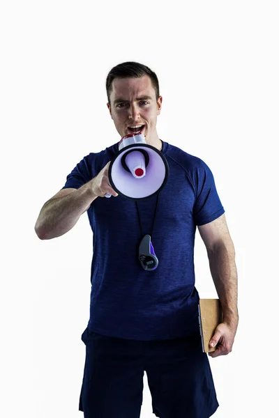 Treinador gritando através do megafone — Fotografia de Stock