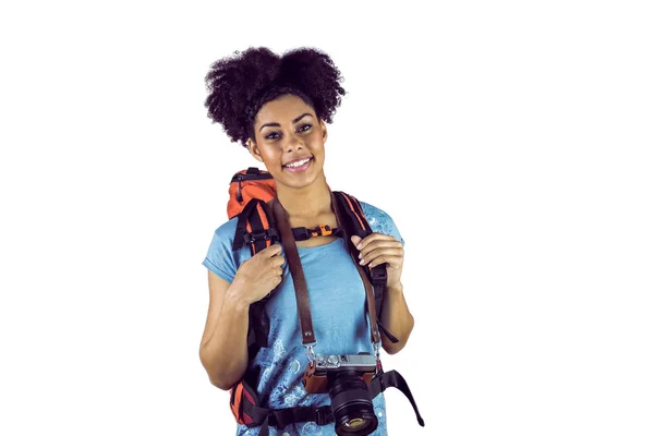 Mujer con cámara y mochila —  Fotos de Stock