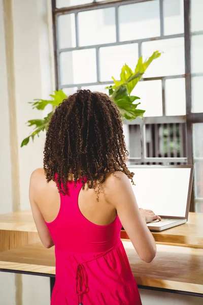 Zakenvrouw een kop koffie met behulp van laptop — Stockfoto