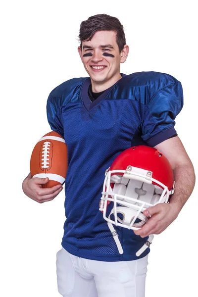 Jogador segurando uma bola e capacete — Fotografia de Stock