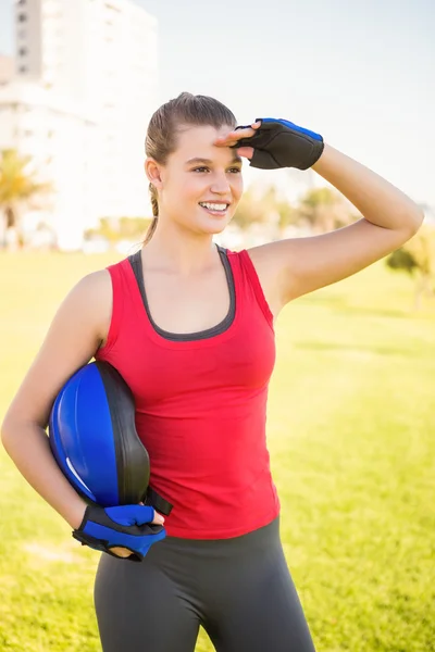 Blonde holding helmet — Stock Photo, Image